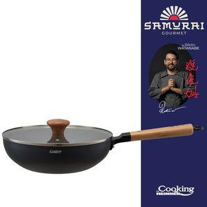 Tigaie Wok cu capac, Samurai Gourmet by Rikito Watanabe si Cooking by Heinner, 26x7.5 cm, aluminiu, negru/natur imagine