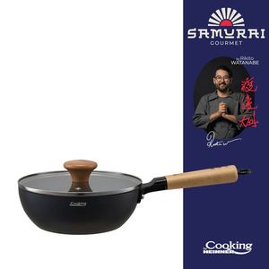 Tigaie Wok cu capac, Samurai Gourmet by Rikito Watanabe si Cooking by Heinner, 20x7 cm, aluminiu, negru/natur imagine