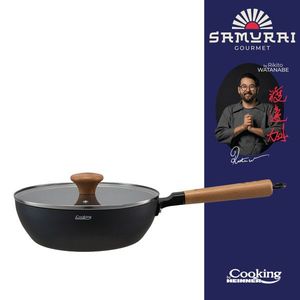 Tigaie Wok cu capac, Samurai Gourmet by Rikito Watanabe si Cooking by Heinner, 24x7.5 cm, aluminiu, negru/natur imagine