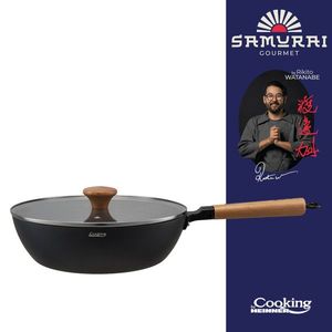 Tigaie Wok cu capac, Samurai Gourmet by Rikito Watanabe si Cooking by Heinner, 28x8 cm, aluminiu, negru/natur imagine