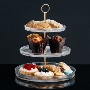 Suport prajituri cu 3 etaje Curly, Ambition, 19 cm/24 cm/29 cm, otel/sticla, auriu/transparent imagine