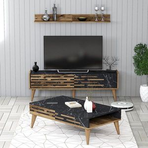 Set mobilier living, Hommy Craft, Valensiya 140, PAL, Nuc / Negru / Marmură imagine