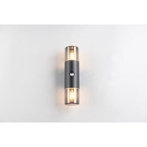 Aplica de perete pentru exterior cu senzor Hoosic, TRIO, 8.5x11.8x33 cm, 28W, 2x E27, aluminiu, negru mat imagine