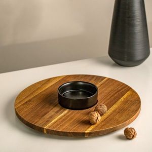 Platou servire si bol Fresca, Homla, 35x1.5 cm, lemn/ceramica, natur/negru imagine