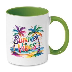 Cana ceramica, alba, Piksel, 300 ml, Summer Vibes, interior si maner colorat verde imagine