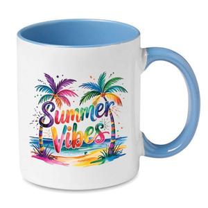 Cana ceramica, alba, Piksel, 300 ml, Summer Vibes, interior si maner colorat albastru imagine