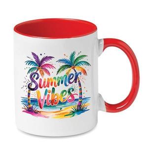 Cana ceramica, alba, Piksel, 300 ml, Summer Vibes, interior si maner colorat rosu imagine