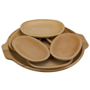 Set platou rotund cu manere si 6 farfurii oval, 7 piese, 35 cm, lemn masiv, rustic imagine