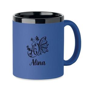 Cana din ceramica cu invelis soft touch, Albastru, 300 ml, personalizata, Piksel, interior negru imagine