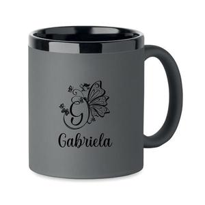 Cana din ceramica cu invelis soft touch, Gri, 300 ml, personalizata, Piksel, interior negru imagine