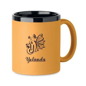 Cana din ceramica cu invelis soft touch, Galben, 300 ml, personalizata, Piksel, interior negru imagine