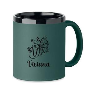 Cana din ceramica cu invelis soft touch, Verde, 300 ml, personalizata, Piksel, interior negru imagine