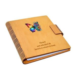 Agenda A5 din lemn personalizabila, natur, Piksel, Fluture floral multicolor, cu mesaj imagine
