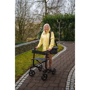 Cadru ajutator pliabil pentru mers cu roti (rolator) pentru seniori, Ridder, negru, cu lampa LED, sonerie, suport baston si suport pahar, A134110, Comfort imagine