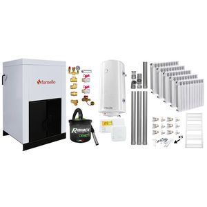 Pachet Centrala pe peleti Fornello Eco Energy 25 kW, complet echipata cu pompa, vas expansiune, automatizare, Calorifere aluminiu Fornello Alvo, Fitinguri, boiler, kit evacuare 3.5 ml, Termostat si Aspirator Cenusa, curatare facila, pana la 200 mp imagine