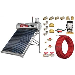 Pachet panou solar nepresurizat FIAMA pentru producere apa calda, cu rezervor inox, 180 litri, 18 tuburi vidate, vas flotor 5 litri, pompa ridicare presiune, teava hidronix si fitinguri montaj imagine