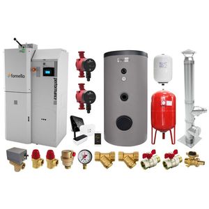 Pachet premium Centrala pe peleti Fornello Slimpel Performance 40 kw, boiler, termostat control de la distanta, pompe electronice, vas expansiune termic si sanitar, vana deviatoare 3 cai, cos inox si fitiguri de baza imagine