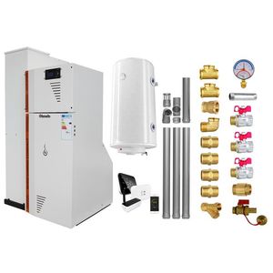 Pachet Centrala termica compacta pe peleti Fornello Rossi Camino Compact Automatic 25 kw, boiler, termostat, kit evacuare, fitinguri, pompa de circulatie, vas expansiune, tiraj fortat, curatare automata a arzatorului si a drumurilor de fum, Ecodesign imagine