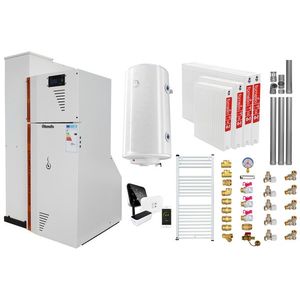 Pachet Centrala termica compacta pe peleti Fornello Rossi Camino Compact Automatic 25 kw, calorifere, boiler, termostat, kit evacuare, fitinguri, pompa de circulatie, vas expansiune, tiraj fortat, curatare automata a arzator si drumuri de fum imagine