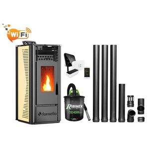 Pachet complet pentru incalzire cu control de la distanta format din Semineu (soba) pe peleti cu tiraj fortat Fornello SOPHIA WI-FI 11 kw, termostat Salus IT 500, aspirator, kit de evacuare 3, 5 metri, telecomanda, Wi-fi, culoare Ivory imagine