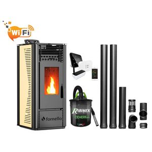 Pachet complet pentru incalzire cu control de la distanta format din Semineu (soba) pe peleti cu tiraj fortat Fornello SOPHIA WI-FI 11 kw, termostat Salus IT 500, aspirator, kit de evacuare 2, 5 metri, telecomanda, Wi-fi, culoare Ivory imagine