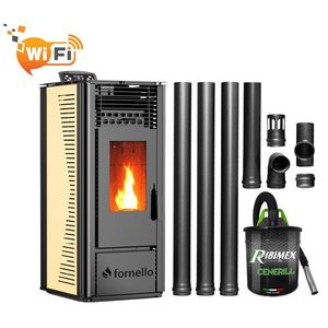 Pachet pentru incalzire format din Semineu (soba) pe peleti cu tiraj fortat Fornello SOPHIA WI-FI 11 kw, aspirator, kit de evacuare 3, 5 metri, telecomanda, Wi-fi, culoare Ivory imagine