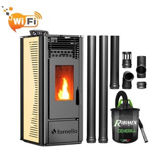 Pachet pentru incalzire format din Semineu (soba) pe peleti cu tiraj fortat Fornello SOPHIA WI-FI 11 kw, aspirator, kit de evacuare 2, 5 metri, telecomanda, Wi-fi, culoare Ivory imagine