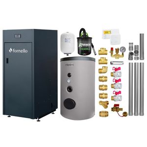 Pachet Centrala pe peleti Fornello King Plus 25 KW, boiler de sol, termostat, aspirator, kit evacuare, fitinguri, pompa de circulatie, vas de expansiune, supapa de siguranta, automatizare, rezervor pentru peleti 100 kg, creuzet din fonta, tiraj forta imagine