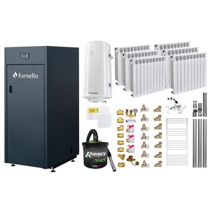 Pachet Centrala pe peleti Fornello King Plus 25 KW, calorifere aluminiu, boiler, termostat, aspirator, kit evacuare, fitinguri, pompa de circulatie, vas de expansiune, supapa de siguranta, automatizare, rezervor pentru peleti 100 kg, creuzet din font imagine
