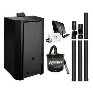 Pachet Centrala pe peleti Fornello EVA B Black 25 KW, pompa circulatie, vas expansiune, Grup siguranta, WI-FI, buncar, tiraj fortat, kit evacuare, termostat Salus IT500, aspiratior, Clasa A++, recomandat pentru 160 mp, Negru imagine