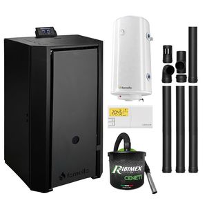 Pachet Centrala pe peleti Fornello EVA B Black 25 KW, pompa circulatie, vas expansiune, Grup siguranta, WI-FI, buncar, tiraj fortat, kit evacuare, termostat Salus 091FLRFV2, aspiratior, boiler 100L, Clasa A++, recomandat pentru 160 mp, Negru imagine