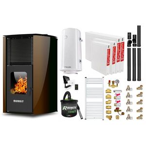 Pachet control de la distanta Termosemineu pe peleti Burnit Advant Novation Brown 25 kw, echipata cu pompa de circulatie, vas de expansiune, automatizare, Radiatoare otel, Fitinguri, Boiler, Termostat, Aspirator Cenusa si Kit evacuare 3.5 ml imagine