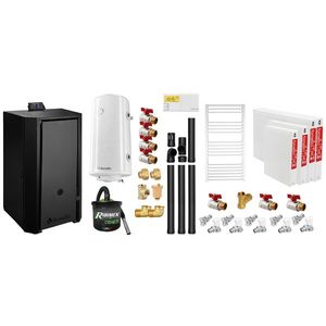 Pachet Centrala pe peleti Fornello EVA B Black 25 KW, pompa circulatie, vas expansiune, WI-FI, buncar, tiraj fortat, kit evacuare 3.5 ml, termostat, aspiratior, boiler 100L, Radiatoare otel si Fitinguri montaj imagine