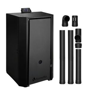 Pachet Centrala pe peleti Fornello EVA B Black 25 KW, pompa circulatie, vas expansiune, Grup siguranta, WI-FI, buncar, tiraj fortat, kit evacuare 2.5 ml, Clasa A++, recomandat pentru 160 mp, Negru imagine