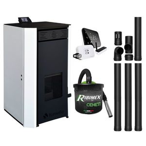 Pachet Termosemineu pe peleti Fornello EVA 25 KW, pompa circulatie, vas expansiune, Grup siguranta, WI-FI, buncar, tiraj fortat, kit evacuare, termostat Salus IT500, aspiratior, Clasa A++, recomandat pentru 160 mp, Alb imagine