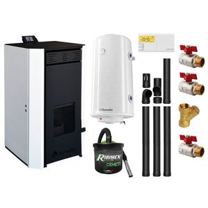 Pachet Termosemineu pe peleti Fornello EVA 25 KW, pompa circulatie, vas expansiune, WI-FI, buncar, tiraj fortat, kit evacuare 3.5 ml, termostat, aspiratior, boiler 100L si Fitinguri montaj imagine