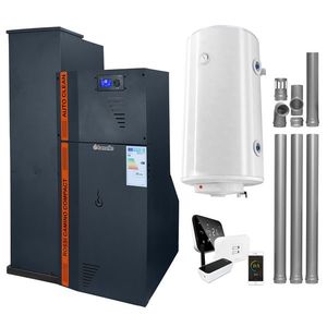 Pachet Centrala termica compacta pe peleti Fornello Rossi Camino Compact Automatic 25 kw, boiler, kit evacuare, pompa de circulatie, vas expansiune, tiraj fortat, curatare automata a arzatorului si a drumurilor de fum, culoare antracit, Ecodesign, A+ imagine