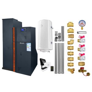 Pachet Centrala termica compacta pe peleti Fornello Rossi Camino Compact Automatic 25 kw, boiler, termostat, kit evacuare, fitinguri, pompa de circulatie, vas expansiune, tiraj fortat, curatare automata a arzatorului si a drumurilor de fum, antracit imagine