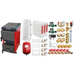Pachet Cazan (centrala) cu plita pe combustibil solid (lemn, carbune, brichete), Fornello Rustic KP 12 kW, Calorifere otel, Pompe, Boiler, Vas expansiune, Fitinguri montaj imagine