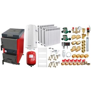 Pachet Cazan (centrala) cu plita pe combustibil solid (lemn, carbune, brichete), Fornello Rustic KP 12 kW, Calorifere aluminiu, Pompe, Boiler, Vas expansiune, Fitinguri montaj imagine