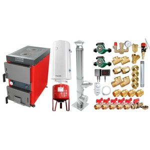 Pachet Cazan (centrala) cu plita pe combustibil solid (lemn, carbune, brichete), Fornello Rustic KP 20 kW, Cos inox, Pompe, Boiler, Vas expansiune, Fitinguri montaj imagine