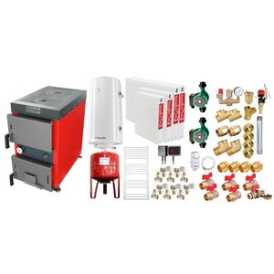 Pachet Cazan (centrala) cu plita pe combustibil solid (lemn, carbune, brichete), Fornello Rustic KP 20 kW, Calorifere otel, Pompe, Boiler, Vas expansiune, Fitinguri montaj imagine