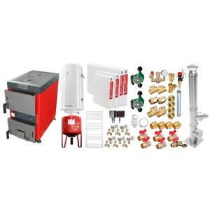 Pachet Cazan (centrala) cu plita pe combustibil solid (lemn, carbune, brichete), Fornello Rustic KP 20 kW, Cos inox, Calorifere otel, Pompe, Boiler, Vas expansiune, Fitinguri montaj imagine
