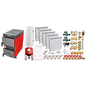 Pachet Cazan (centrala) cu plita pe combustibil solid (lemn, carbune, brichete), Fornello Rustic KP 20 kW, Calorifere aluminiu, Pompe, Boiler, Vas expansiune, Fitinguri montaj imagine