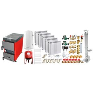 Pachet Cazan (centrala) cu plita pe combustibil solid (lemn, carbune, brichete), Fornello Rustic KP 20 kW, Cos inox, Calorifere aluminiu, Pompe, Boiler, Vas expansiune, Fitinguri montaj imagine