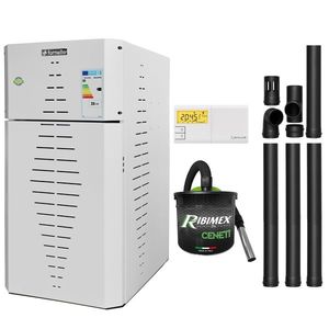 Pachet centrala pe peleti Fornello INCANTO COMPACT 25 kW, pompa electronica, vas expansiune, arzator inox, grup de siguranta, kit evacuare, termostat Salus 091FLRFV2, aspiratior, sistem de curatare MECANICA a creuzetului si drumurilor de fum, culoare imagine