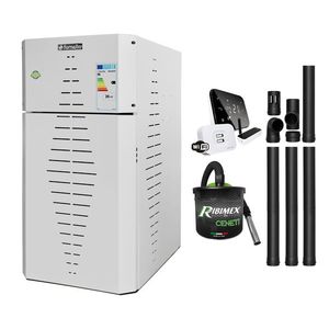 Pachet centrala pe peleti Fornello INCANTO COMPACT 25 kW, pompa electronica, vas expansiune, arzator inox, grup de siguranta, kit evacuare, termostat Salus IT500, aspiratior, sistem de curatare MECANICA a creuzetului si drumurilor de fum, culoare imagine