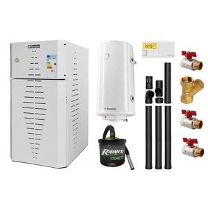 Pachet centrala pe peleti Fornello INCANTO COMPACT 25 kW, pompa electronica, vas expansiune, arzator inox, grup de siguranta, kit evacuare 3.5 ml, termostat, aspiratior, boiler 100L si Fitinguri montaj imagine