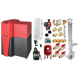 Pachet Centrala mixta Lemn/Pelet Fornello Tera 28 kW, cos inox, boiler, termostat, aspirator, pompa, vas expansiune, fitinguri, aprindere automanta la peleti, buncar peleti 95 kg, creuzet fonta, curatarea facila, pentru 180 mp imagine