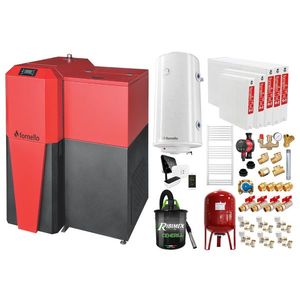 Pachet Centrala mixta Lemn/Pelet Fornello Tera 28 kW, calorifere otel, boiler, termostat, aspirator, pompa, vas expansiune, fitinguri, aprindere automanta la peleti, buncar peleti 95 kg, creuzet fonta, curatarea facila, pentru 180 mp imagine